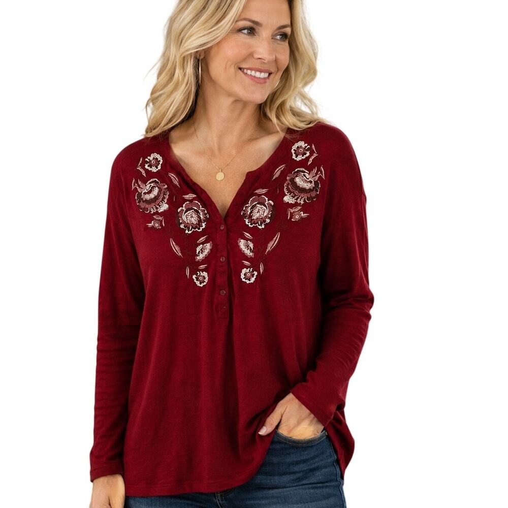 Style&Co Falling Bloom Top XL Burgundy Floral Embroidered Henley